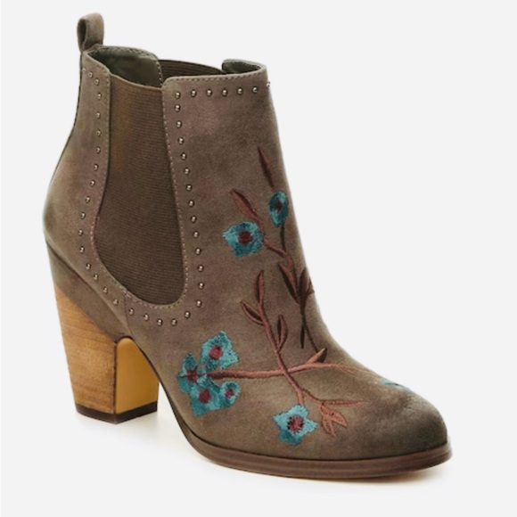 Crown Vintage Shoes - Crown Vintage Floral Embroidered Ankle Boots - Brown and Blue